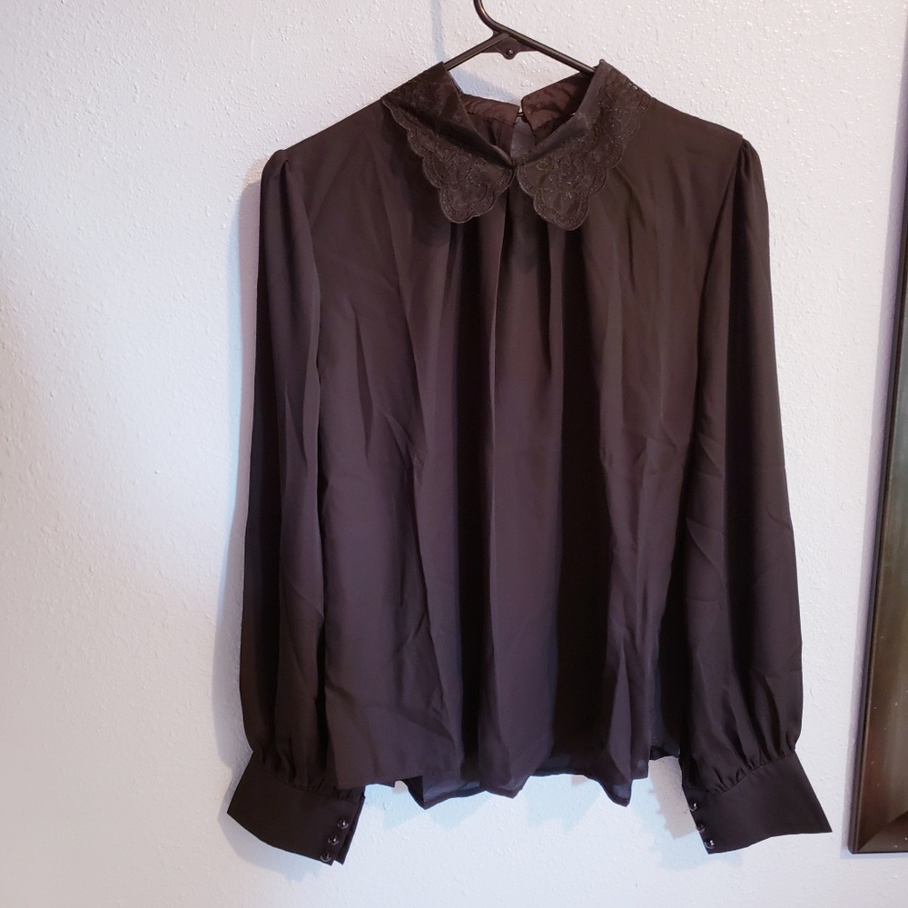CLEARANCE Black Blouse with Lace Collar